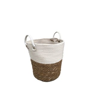 Cesto Cachepô de Palha Natural Seagrass Algodão com alça M Lili Casa Único