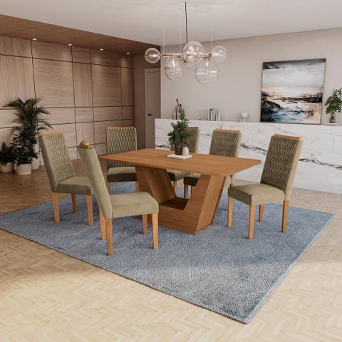 Conjunto Sala de Jantar Verbana Kappesberg 6 Cadeiras Veludo Bege