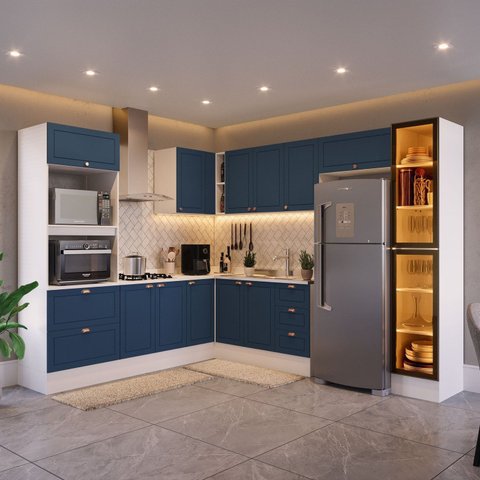 Cozinha Completa 9 Peças com Rodapé e Cristaleira com LED Pérola Yescasa
