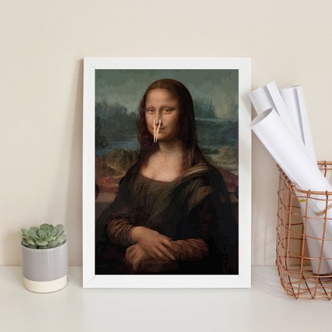 Quadro Decorativo Divertido Banheiro - Monalisa 24x18cm - com Vidro:moldura Branca