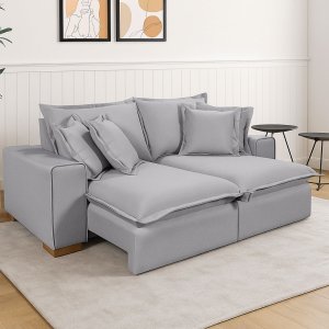 Sofá Confortável Retrátil Reclinável com Molas Ensacadas no Assento Tecido Linho Cinza Claro 2,10m