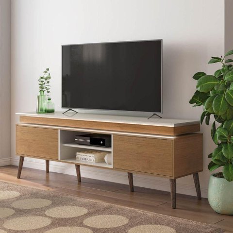 Rack Lumina para Tv até 75", Fita de Led Embutida 2 Portas e Cinamomo/off White- Artely