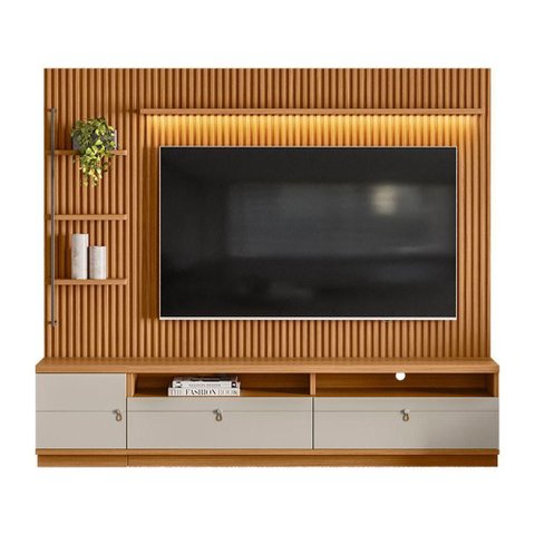 Painel TV até 75" Ripado com Rack e Módulo Esquerdo Nature e Off White 224x198 cm L04 - D'Rossi