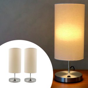 Kit 2 Abajur Luminária de Mesa Redondo Escovado com Interruptor com Cúpula Bege