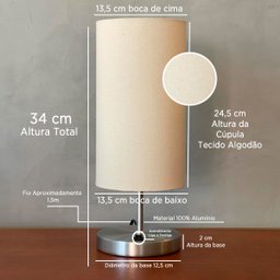 Kit 2 Abajur Luminária de Mesa Redondo Escovado com Interruptor com Cúpula Bege - 3