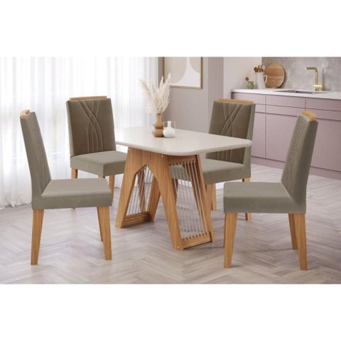 Conjunto: Mesa de Cozinha Carol Tampo Madeirado C/ Vidro 130x80cm e 4 Cadeiras Nicole Nature-