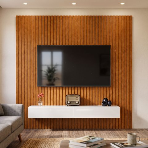 Rack Suspenso com Painel Ripado Moderno e Elegante 2 Gavetas:Branco