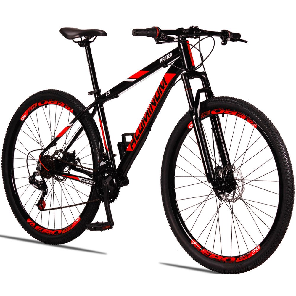 Bicicleta MTB Aluminum Aro 29 Quadro 17 com 21 Marchas Freio Mecânico Preto Vermelho - Raider - 1