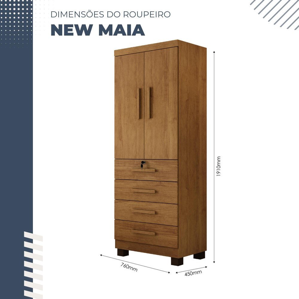 Guarda Roupa New Maia 2 Portas 4 Gavetas com Chave Benetil Móveis - 7