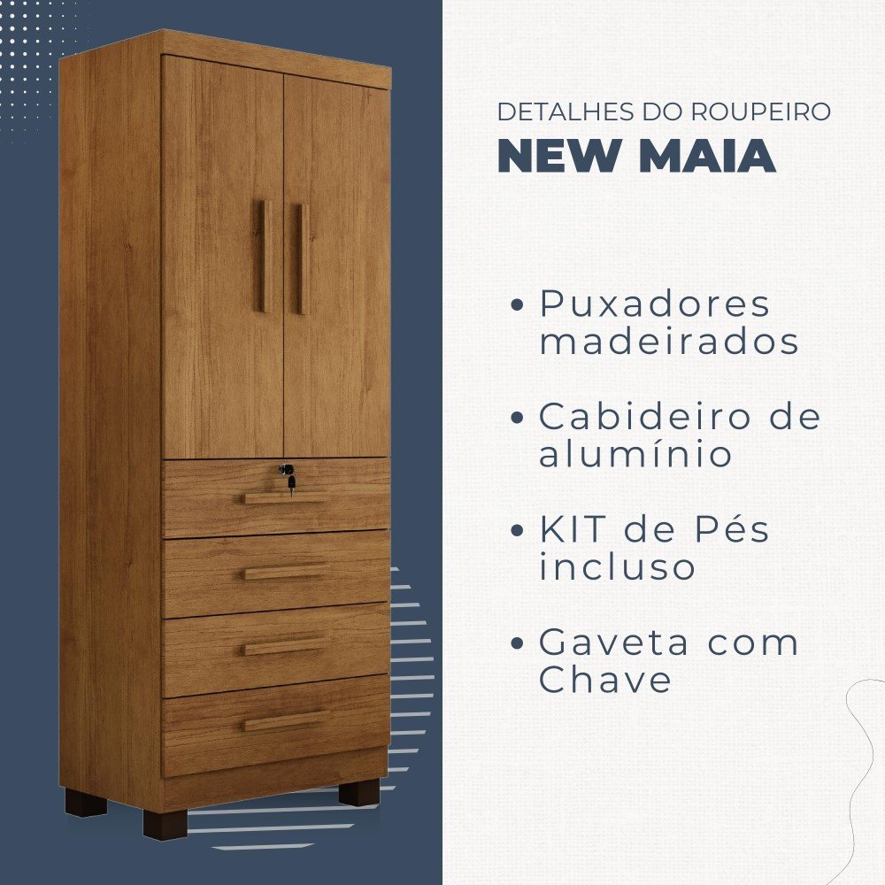 Guarda Roupa New Maia 2 Portas 4 Gavetas com Chave Benetil Móveis - 4