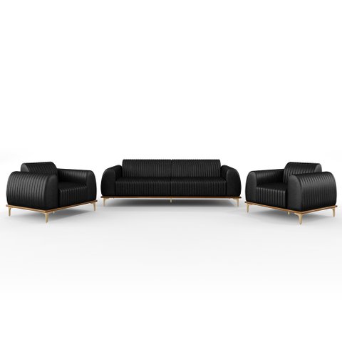 Kit Sofá 2 Lugares 150cm com 2 Poltronas Molino Pés D'ouro D02 Couríssimo Preto B-159 - Lyam