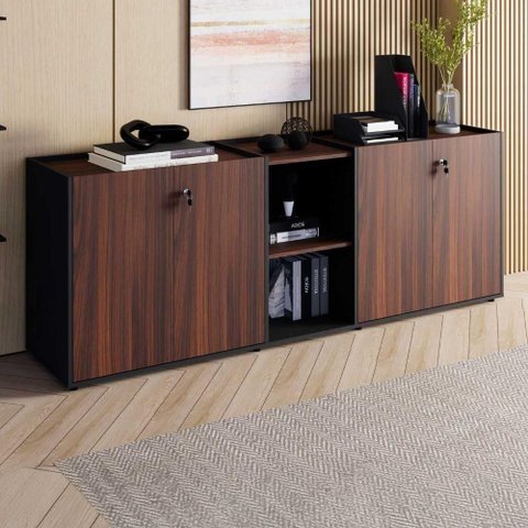 Armário Escritório F5 Office 4 Portas 2 Prateleiras MDP 200cm Louro Preto com Preto F5 Office