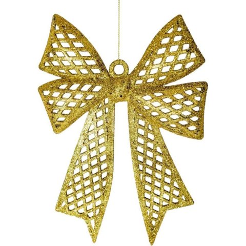 Kit 12 Enfeites Árvore de Natal Laço Dourado Glitter 24cm