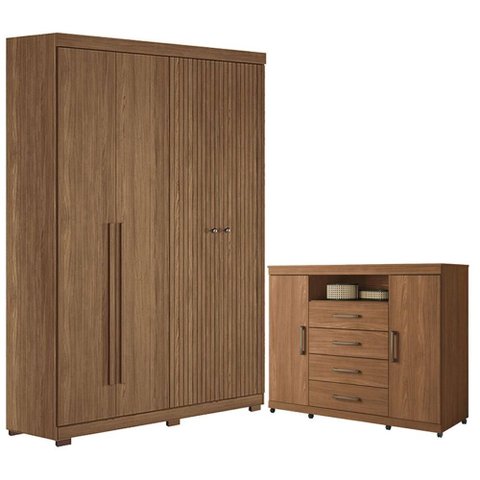 Guarda Roupa Casal Ripado 4 Portas Buriti com Pés e Cômoda Havana Master com Rodizio Jatobá Acetinad
