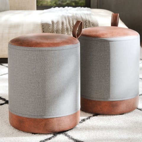 Conjunto 2 Puff Euro Redondo Moderno com Detalhe em Couro para Quarto ou Sala - Cinza com Marrom