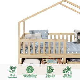 Cama Montessoriana Madeira Maciça Casa com Estrado Elea Natural - 9