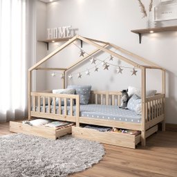 Cama Montessoriana Madeira Maciça Casa com Estrado Elea Natural - 1