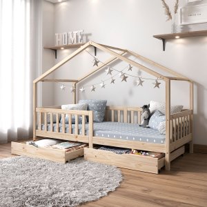 Cama Montessoriana Madeira Maciça Casa com Estrado Elea Natural