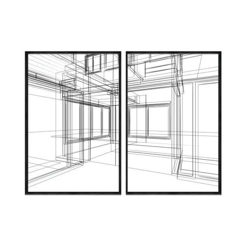 Kit 02 Quadros Decorativos - Arquitetura Engenharia Esboco Prf008 - Vidro com Impressão Uv -40x60cm