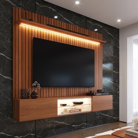 Painel com Rack Milano para TV até 70” com Nicho com LED, Prateleira de Vidro, Portas Basculantes