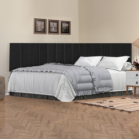 Conjunto de Cabeceira Viuva Solteirão Estofado Suspensa com Proteção Lateral - 128 Cm - Preto Suede