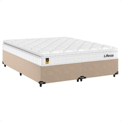 Cama Box Queen Bege + Colchão Life D33 Pillow Top Branco 56x158x198cm- e-Shop Casa