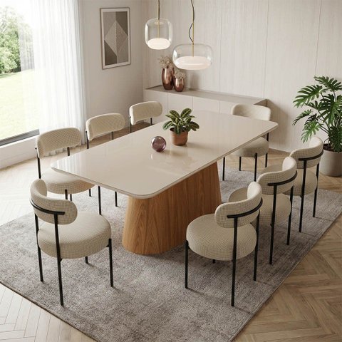 Mesa Jantar Vidro 200cm Off Kit 8 Cadeiras Aço Preto Napoli Bege H02 - D'Rossi