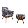 Kit Poltrona Decorativa Nina + Puff Redondo Suede Romero Gato Pés Madeira Mz Decor - 1