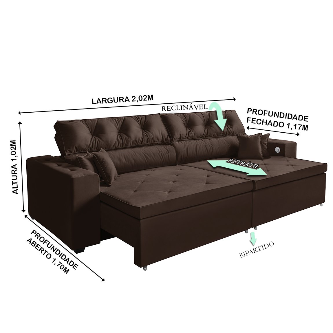 Sofá 3 Lugares Smart Retrátil, Reclinável 2,02 Metros, Tecnologia Carregamento 3 portas USB Marrom - 4