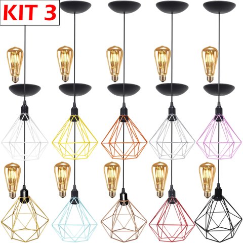 3 Pendentes Aramado Diamante Teto Luminária Retrô Balcão Agp + 3 Lâmpadas Led ST64 Vintage Agp Ilumi