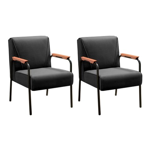 Kit 2 Poltronas Decorativas Jade Braços Fixo Preto