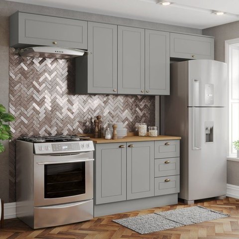 Cozinha Compacta 4 Peças 100% MDF com Tampo 120cm Linha Americana Cinza/Nature