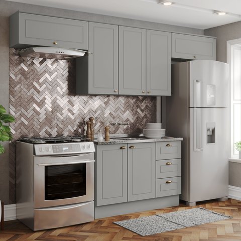 Cozinha Compacta 4 Peças 100% MDF com 2 Aéreos Basculantes  Americana Cinza