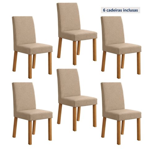 Kit 6 Cadeiras de Jantar Estofadas Linho Laini Bege Amêndoa Clean/Bege