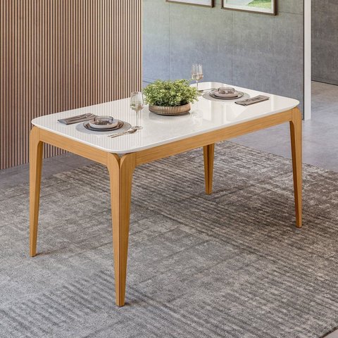 Mesa Sala de Jantar Tampo com Vidro 160cm 100% MDF Áurea Marrom/Ype/Off White