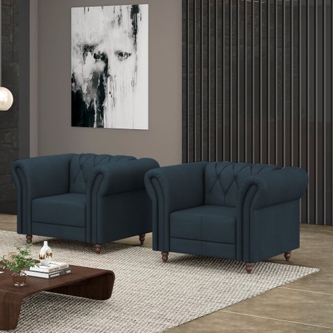 Kit 2 Poltronas Decorativas Sala de Estar Stanford Chesterfield Pés de Madeira Couro Azul Marinho G5