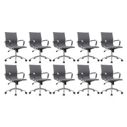 Kit 10 Cadeiras de Escritório Diretor Eames em Couro - Cinza - 1