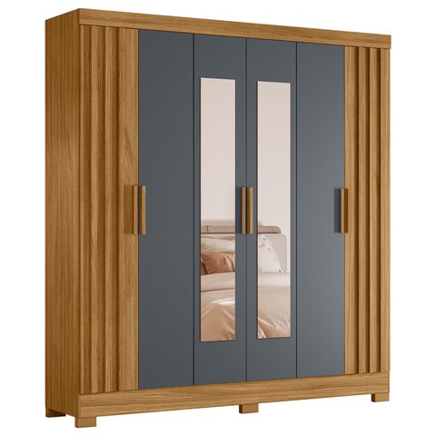 Guarda Roupa Valença 195cm 6 Portas Freijó Cinza com Portas Ripadas e Espelho Moval