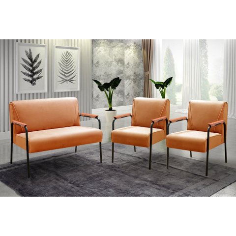 Conjunto com 2 Poltronas e Namoradeira Decorativa Jade Sala de Estar Laranja Terracota