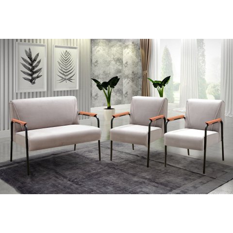 Conjunto com 2 Poltronas e Namoradeira Decorativa Jade Sala de Estar Cinza Capuccino