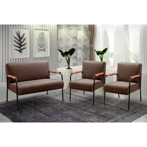 Conjunto com 2 Poltronas e Namoradeira Decorativa Jade Sala de Estar Marrom