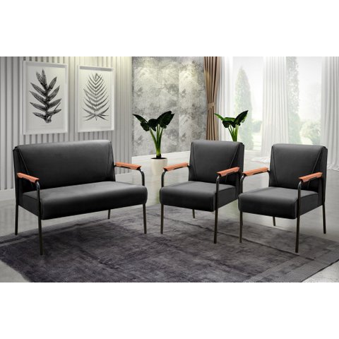 Conjunto com 2 Poltronas e Namoradeira Decorativa Jade Sala de Estar Preto