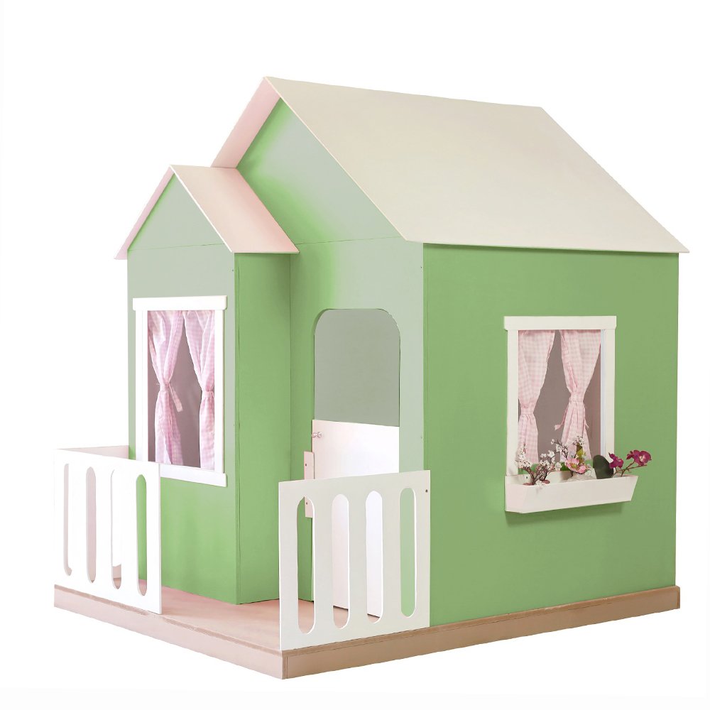 Casinha de Brinquedo Artesanal Janela Lateral Versátil com Cortinas Mdf Verde/branco L12 - Criança F