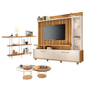 Estante Home Theater Titan Off White Cinamomo e Aparador Infinity e Kit Mesa de Centro sky Cinamomo 
