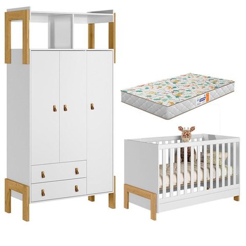 Berço Americano 4300 e Guarda Roupa Infantil 4375 Fantasia Branco Acetinado com Colchão Gazin – Qmov