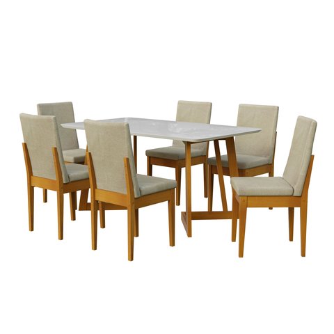 Conjunto Mesa Califórnia com Vidro 6 Cadeiras Dakota Cerejeira Tecido A40 100% Madeira Maciça