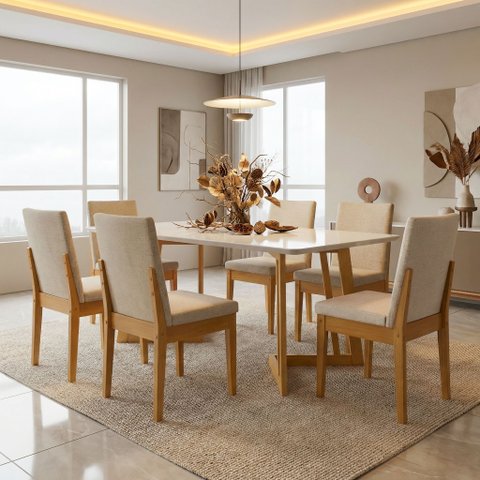 Conjunto Mesa Califórnia com Vidro 6 Cadeiras Dakota Cerejeira Tecido A40 100% Madeira Maciça