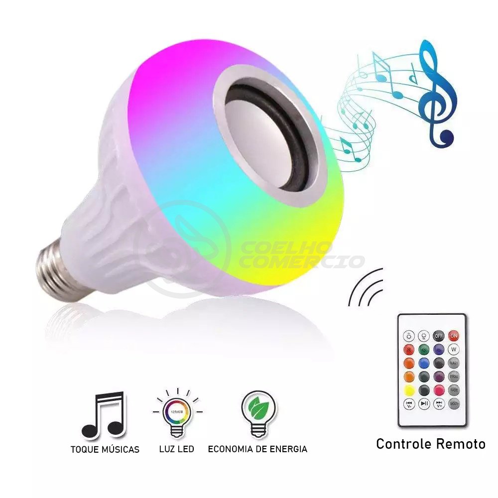 Lâmpada LED 12w E27 RGB Colorida com Caixa de Som Bluetooth e Controle Remoto