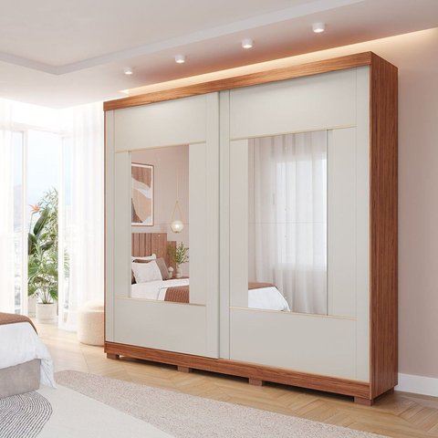 Guarda-Roupa Casal 230cm 2 Portas de Correr com Pés e 4 Espelhos MDF Talin Marrom/Cinamomo/Off White