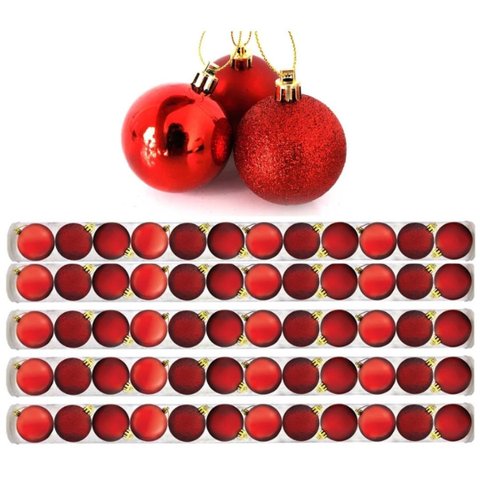 Kit 60 Bolas de Natal Mista Fosca, Lisa e Glitter Vermelha 5cm - Master Christmas